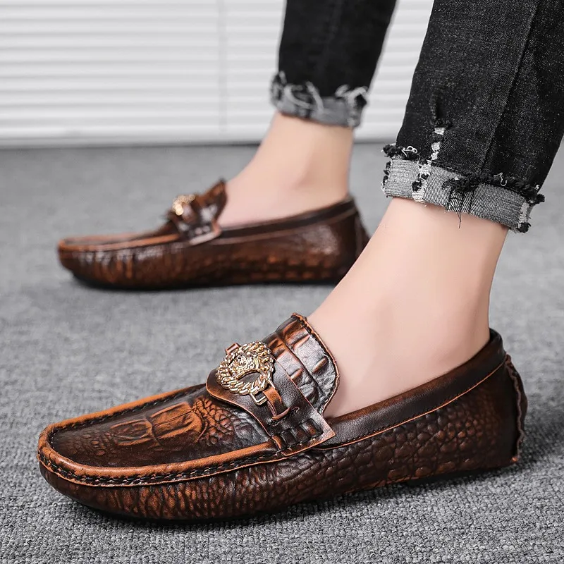 

Casual Shoes Men Formal Shoes Business Casual Wine Red Men's Flat Leather Shoes Moccasin Trend Fashion Crocodile Pattern Loafers