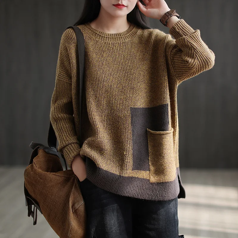 

Women's Loose And Thin Core Spun Yarn Sweater Round Neck Long Sleeve Pullover Female With Pocket Color Patchwork Warm Tops