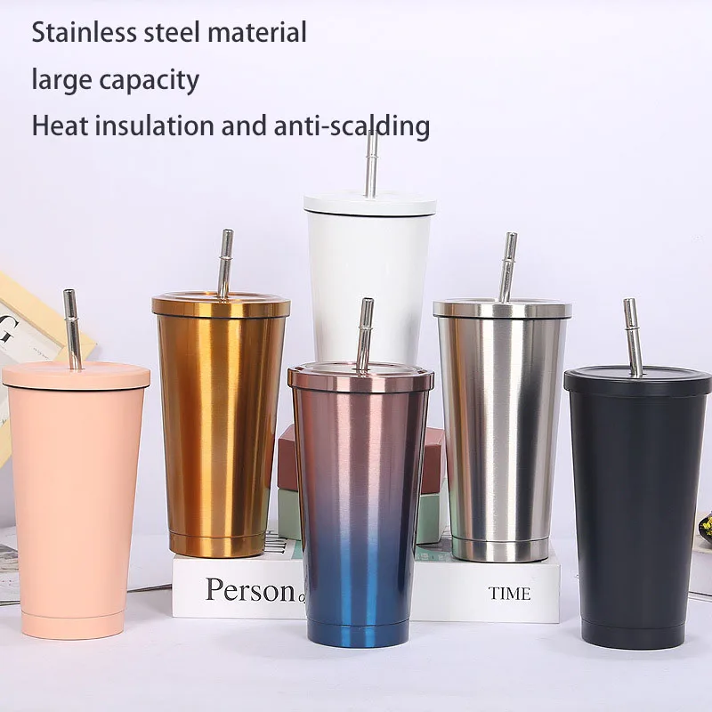 

Large Capacity 500ML304 Stainless Steel Straw Coffee Thermos Cup With Lid For Travel Outdoor Portable Drinking Vacuum Cup Mug
