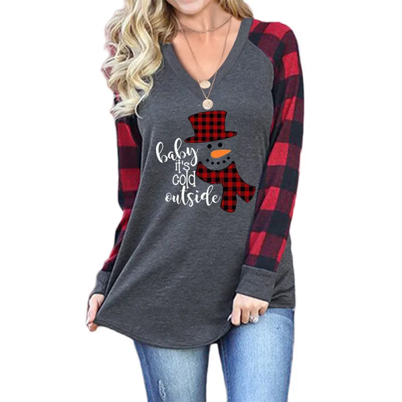 

2021 Women Christmas Snowman Print Fashion Tee Autumn Winter Festival Tops Long Sleeve Loose T-Shirt Pullovers