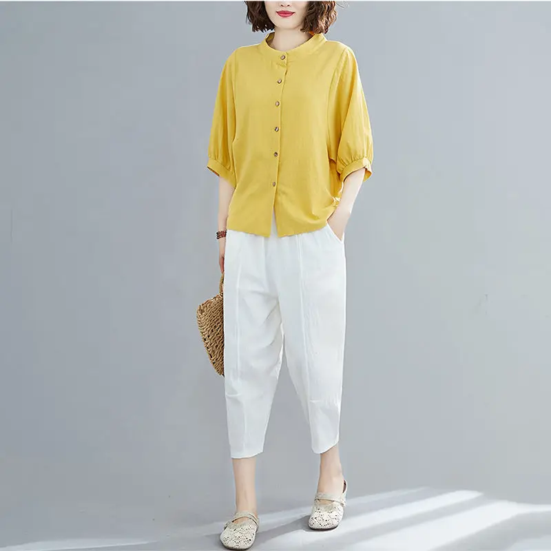 

Women 2021 Summer Fashion 2 Piece Sets Female Solid Color Short-sleeved Shirt Ladies Fashion Casual Harem Trousers Suits K121