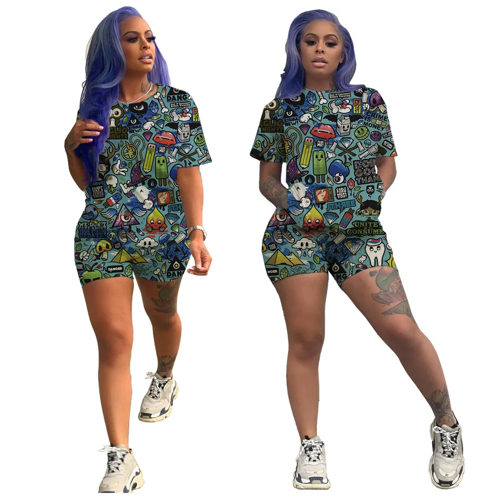 

European And American New Style Women's Wear Stand-alone Station Wish Recommendation Cartoon Printing Two-piece Casual Home Set