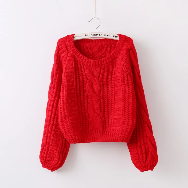 New Winter Women Sweater And Pullovers Female Twisted Coarse Wool Short Lantern-Sleeved Loose Knitted Outwear Tops 0.38KG | Женская