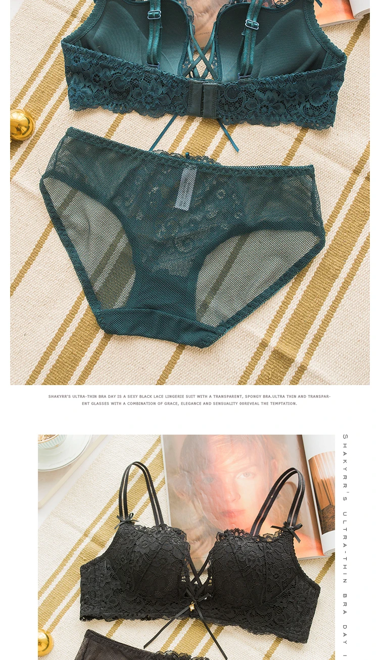 Roseheart Women Red Green Lace Trim Cross Straps Bralette Cotton Panties Push Up Bra Sets Underwear Sexy Lingerie Sets A B