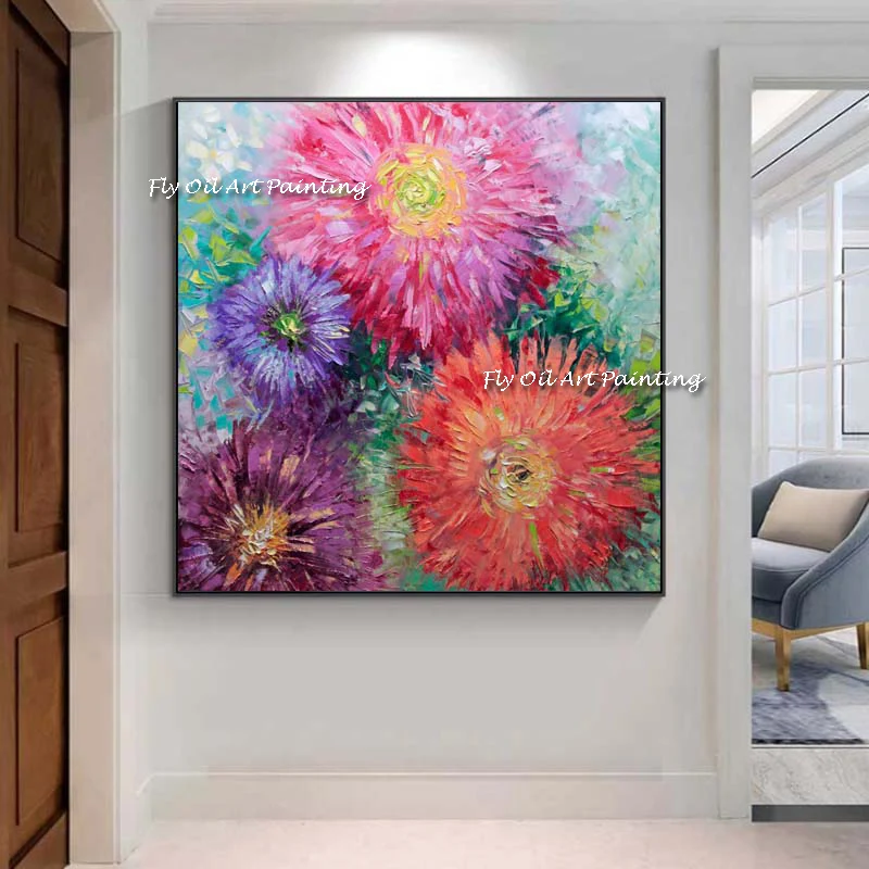 

Sunflowers Colorful 100% Handmade Oil Painting Square Plant Orange and Pink Drawing On Canvas Gift Home Decor Handmade Wall