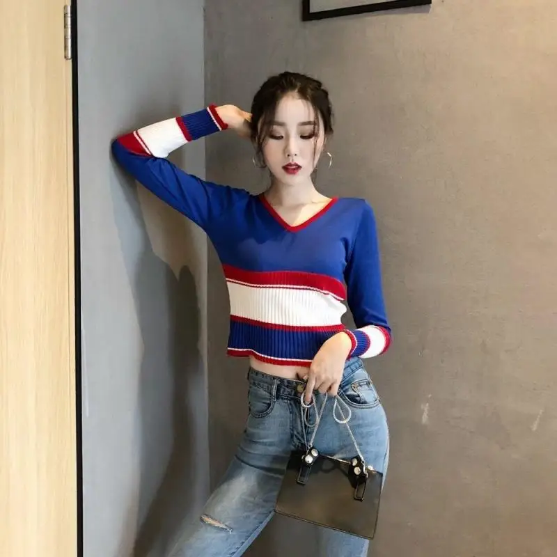 

Knitwear Striped Sweater Women's Spring Autumn Fashion Long Sleeve V-neck Pullovers Tops Sweaters Pullovers