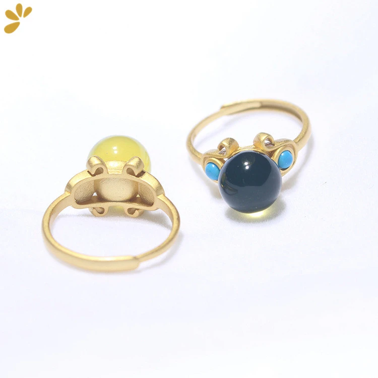 

925 Sterling Silver Gold-plated Ring Mexican Blue Amber Round Gemstones Open Ring Fine Jewelry for Women Classic Trendy Gift