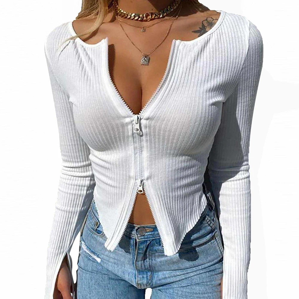 

Solid Color Women Sexy V-Neck Long Sleeve Ladies Crop Top Casual Short Female Tops Knit Zipper T Shirts Knitwear Streetwear