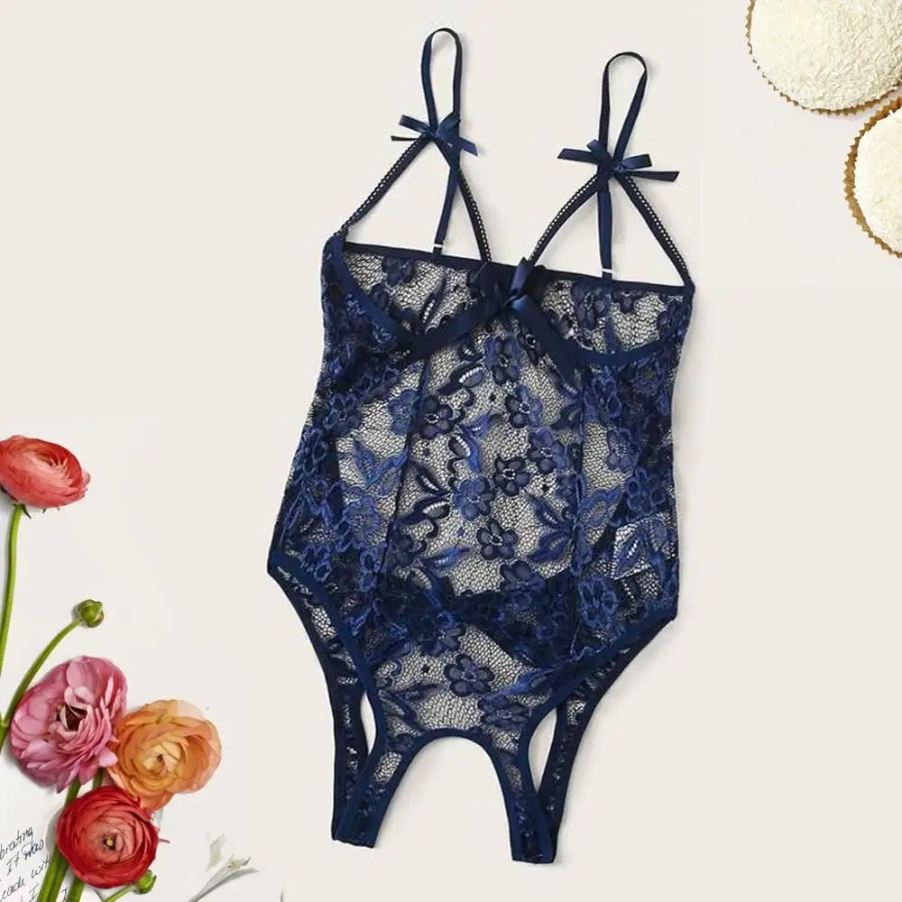 Women Underwear Set Sexy Lace Bra Bow Hollow Open Crotch Teddy Bodysuit Backless Jumpsuit Lingerie кружевное белье #2N19 |