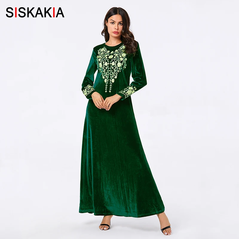 Siskakia, элегантное женское длинное платье, осень, зеленый бархат, Цветочная вышивка, мусульманское, повседневное, макси, платья с длинным рукавом размера плюс