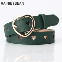 rainie sean women belt hollow out loving heart ladies waist belt for trousers pin buckle leather green female vintage belt 105cm