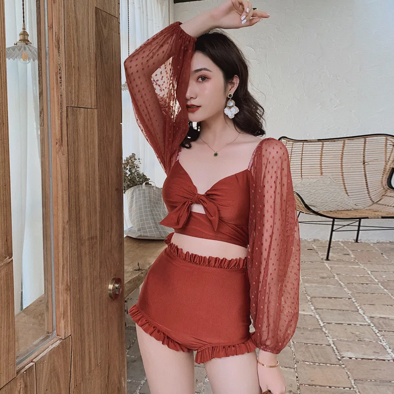 

One Piece Swimsuit 2021 Korea High Waist Padded Swimwear Women Bodysuits Sexy Backless Dot Mesh Lace Ruffles Beach Bathing Suit