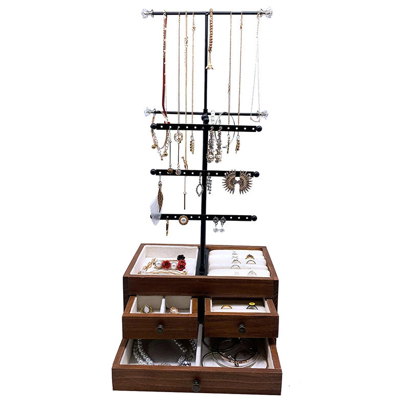 

Vintage Wooden Bottom Box Wrought Iron 5-Layer Jewelry Necklace Bracelet Earrings Ring Storage Display Stand with Drawer