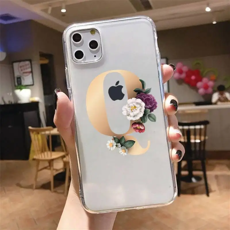 

Fashion 26 letters flower Phone Case Transparent soft For iphone 5 5s 5c se 6 6s 7 8 11 12 plus mini x xs xr pro max