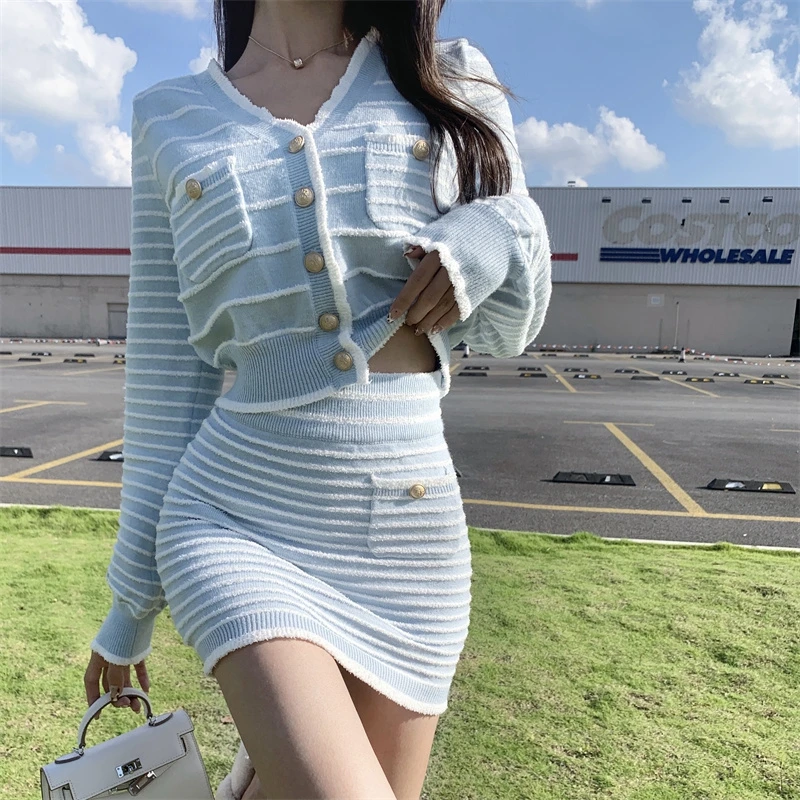 

Women Autumn Winter Retro Stripe Knitted Set Casual V-Neck Cardigan+Sexy Slim High Waist Short Skirts Two Piece Suits
