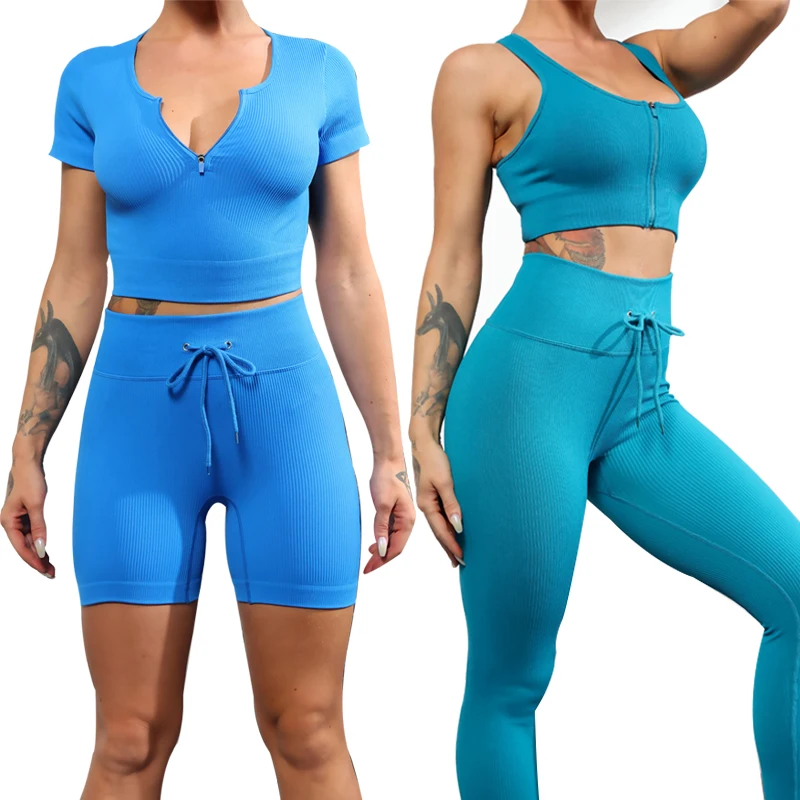 

Zipper Seamless Yoga Set Women Four Piece Crop Top Bra Drawstring Shorts Sportsuit Feamle Workout Outfit Sport Fitness Gym Wear