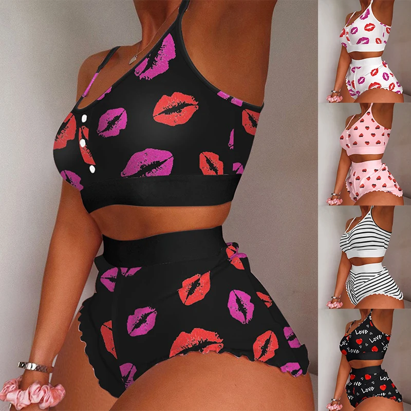 

Women's Sexy Pajama Set Print Hot Girl Frill Hem Cami 2021 Femme Cute Crop Top & Shorts Suits 2 Pieces Lady Sleepwear Kawaii New
