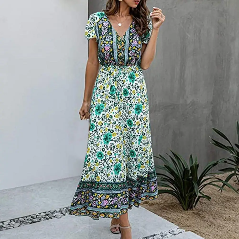 

Female Beach Dress Fashion Vintage Elegant Floral Print Ruffle Women Short Sleeve V Neck Skirt Dating Dresses