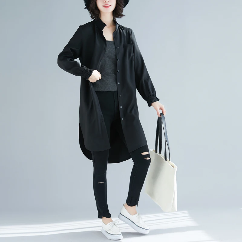 

2019 New Autumn Casual Shirt Womens tops Full Sleeve Loose Cotton And Linen In Long Women shirts Black 9051