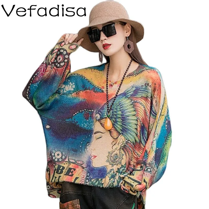 

Vefadisa Vintage Print Pullover Knit Sweater Autumn And Winter Loose Large Size Irregular Pullover Sweater Autumn Winter TT465