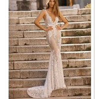 ha059 hot styles berta design deep v neck nude bridal mermaid wedding dresses open v back court train sleeveless wedding gown