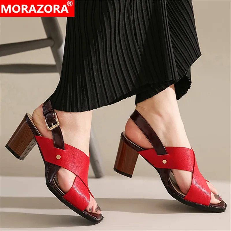 

MORAZORA 2021 plus size 34-42 women sandals thick high heels square toe ladies dress shoes genuine leather summer shoes woman