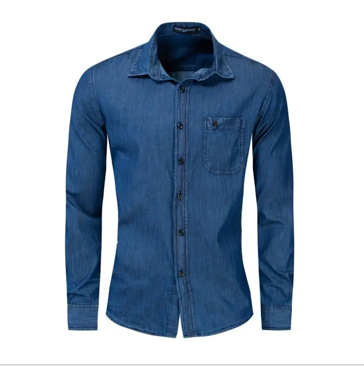 Темно-синяя однобортная рубашка мужская повседневная с длинными рукавами