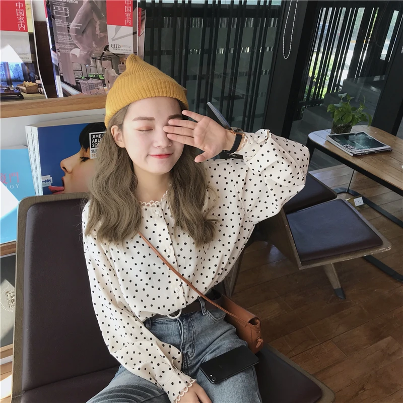 

Polka V-neck Lovely Shirt Sweet Tunic Women's Shirts Kawaii Girl Ulzzang Lady Ulzzang Harajuku Ins Top for Women Casual Cute