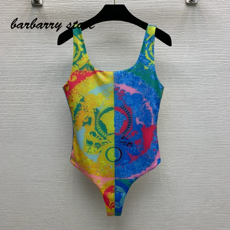 

2021 luxury brand retro letter printing fashion women's color matching sexy open back versatile U-neck One Piece Bikini Swimsuit