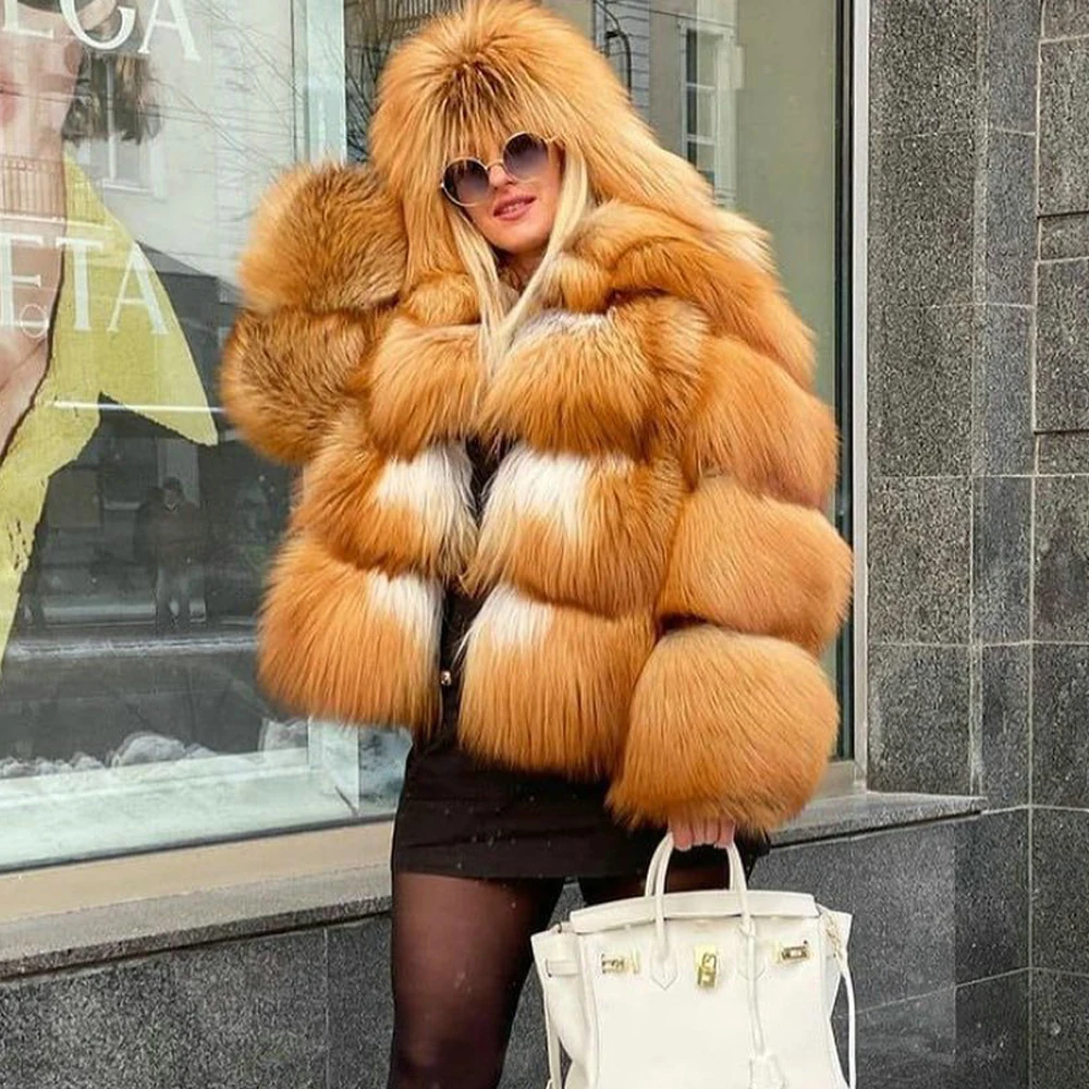 Winter Fashion Real Red Fox Fur Jacket with Lapel Collar Trendy New High Quality Genuine Fox Fur Coat Whole Skin Fur Overcoats