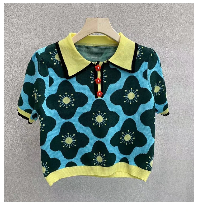 Свитер женский тонкий пуловер жаккардовый с цветочным узором и коротким рукавом