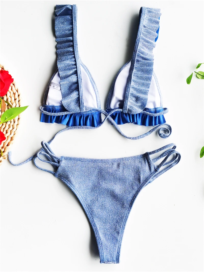 

2021 New Solid color ruffle bikini Swimsuit Women Push Up Bikini Set Bandeau Swimwear Bathing Suit Brazilian Biquini Female