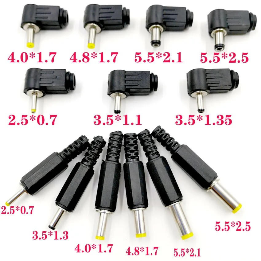 

65pcs 5.5*2.1 5.5*2.5 4.8*1.7 4.0*1.7 3.5*1.1/1.35 2.5*0.7mm Male DC Power Plug Connector Angle 90 degree L Shaped plastic Plugs