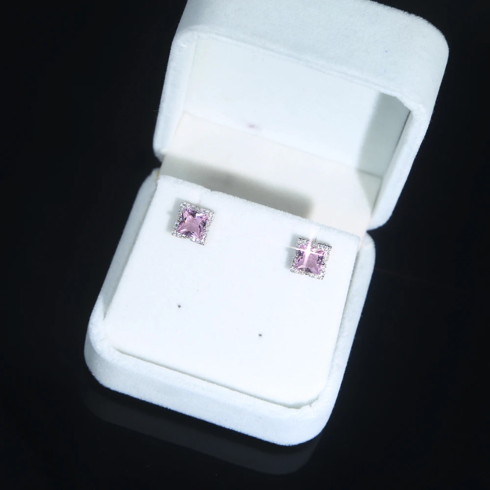 

7mm pink heart square cz stone paved Silver color Fancy earring For Women Lady Girl Engagement wedding stud earrings wholesale