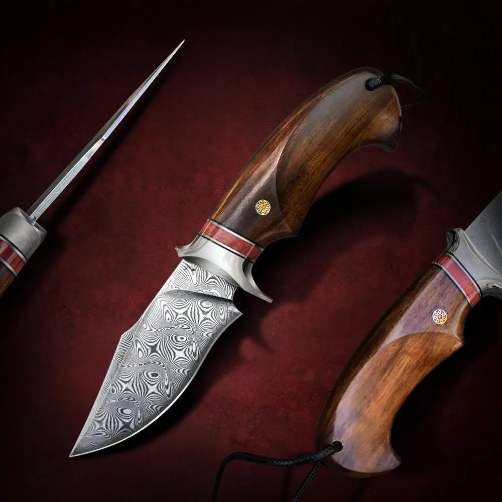 TUREN Damascus Steel Hunting Knife with Sheath 3.6inch Desert Ironwood/Stabilized Wood Fixed Blade Knives Tactical Camping | Инструменты