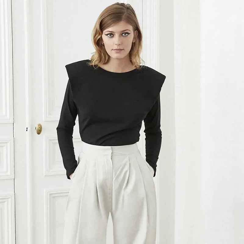 

Luxury Pad Shoulder Elegant Lady Blouse Long Sleeve Warm Cotton 2020Autumn Brand Designer Tops Shirts Women Blouse Black Clothes