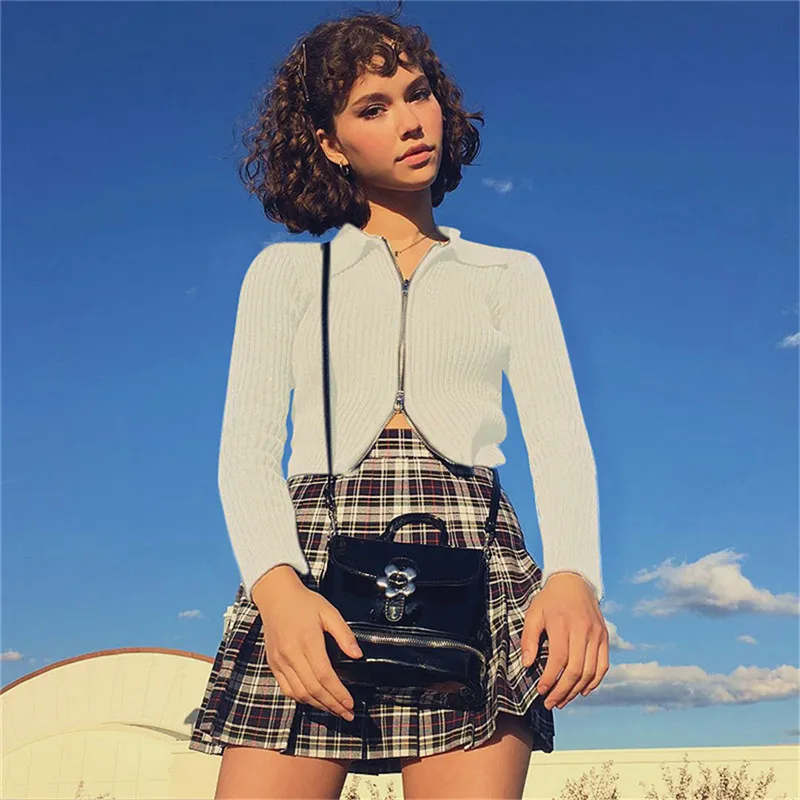 

SPREEZE 2021 Knitter Sweater Street Style Sexy Club Sweater Double Zippers Solid Full Sleeve Turn-down Collar Short Sweater