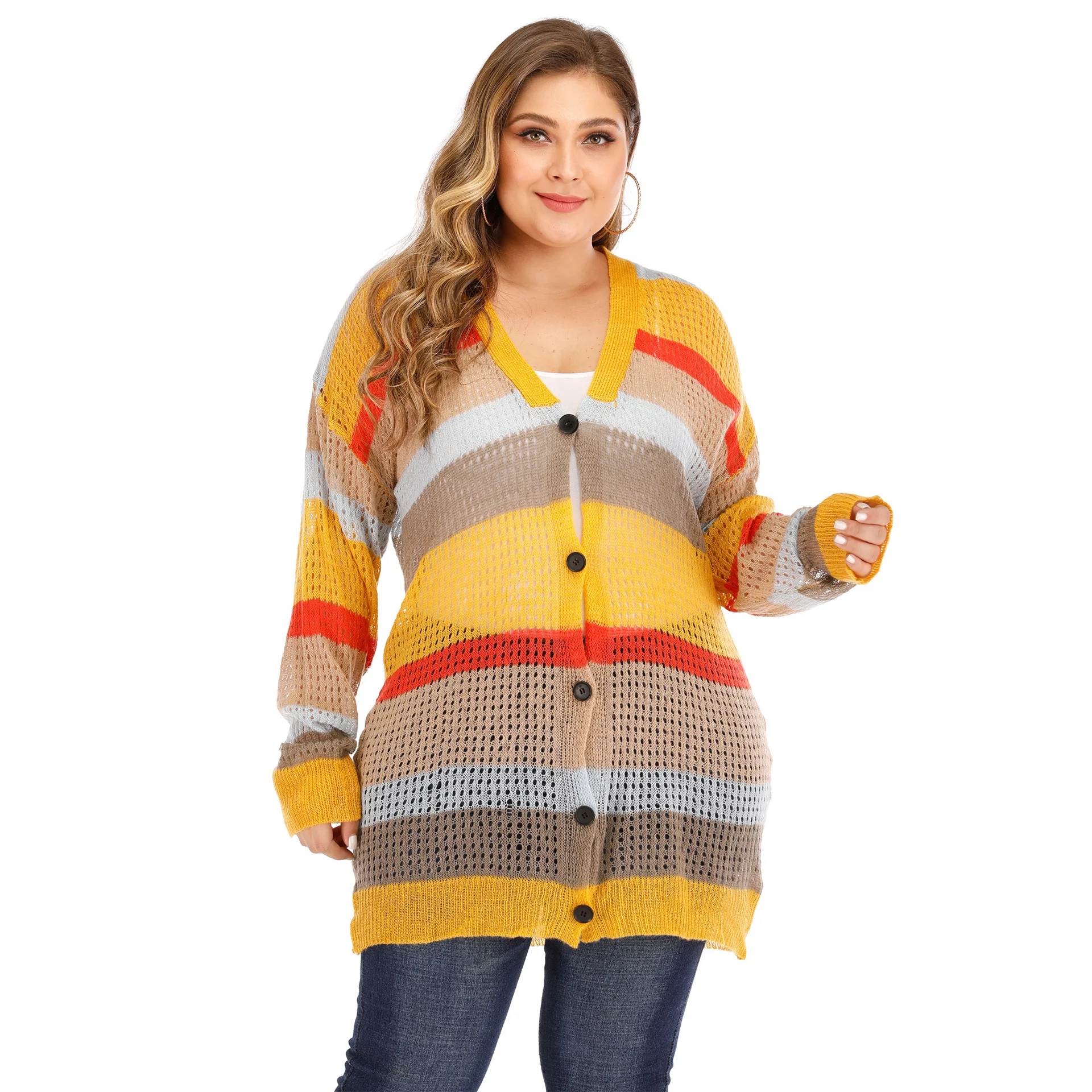 

Large Size Women's Clothing Color Striped Color Patchwork Single Breasted V Neck Hollow Woven Sweater Women's Cardigan Coat