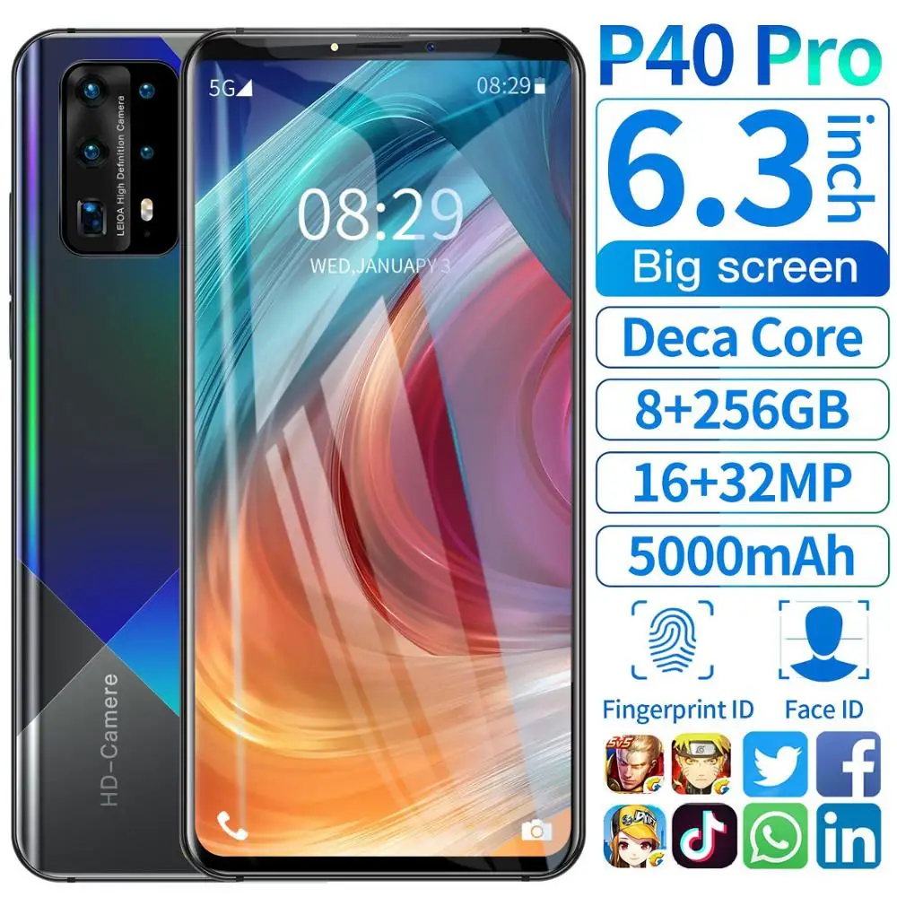 

Global Version P40PRO Mobile Phones 8 256GB ROM 5000MAH 2 Sim 5G 6.3" Screen Unlock Smartphone Flash Sale In Stock Google