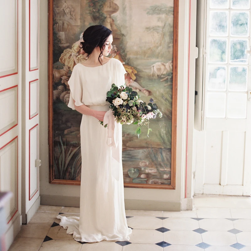 Simple Backless Chiffon Bride Bridal Gown Wedding Party Backless Photography Cinched Waist #910 Bridesmaid Real Sample Photo