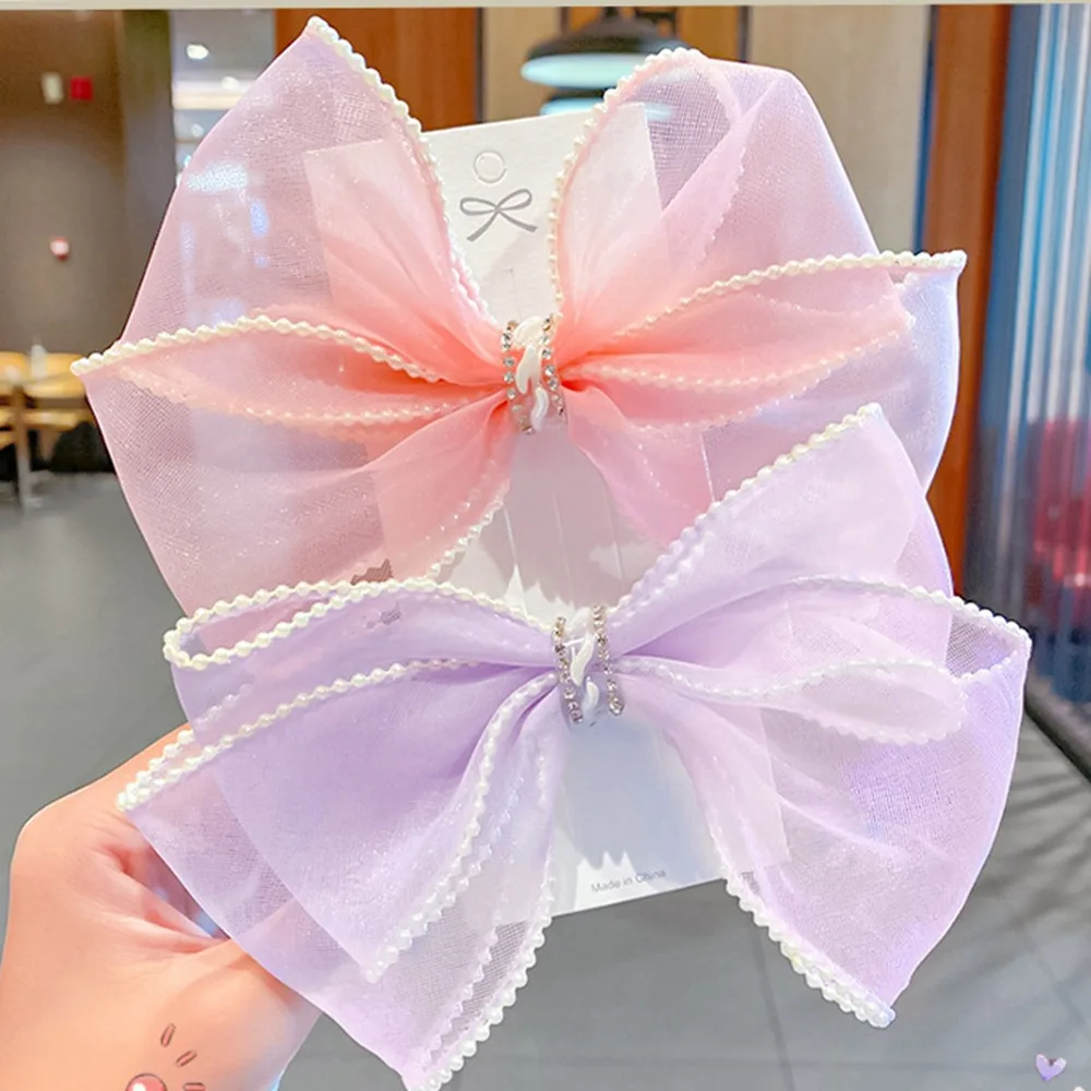 

Cute Girls Elegant Pearls Double Layer Chiffon Bow Hairpins New Kids Sweet Hair Clips Decorate Fashion Headwear Hair Accessories