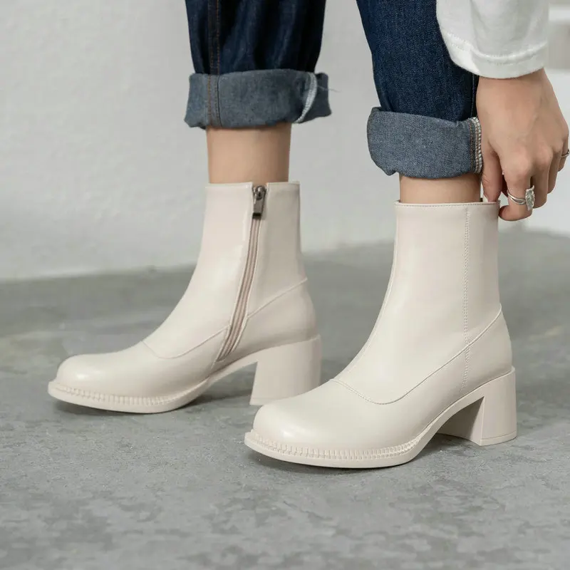 

2020 New PU Leather Women Ankle Boots Fashion Round Toe Thick Heel Ladies Short Boots Autumn Winter Women Shoes Black Beige