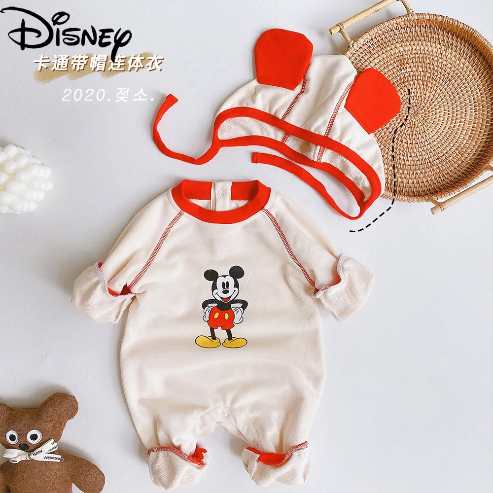 

Disney Mickey Mouse 0-2 year old baby one-piece romper spring new girl and boy baby cartoon print romper free hat baby rompers