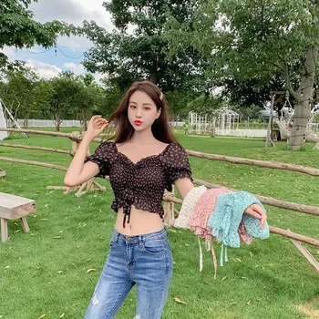 Floral Blouse Women Chiffon Tops and Blouses Summer Square Collar Sexy Sweet Pleated Short Shirts 1