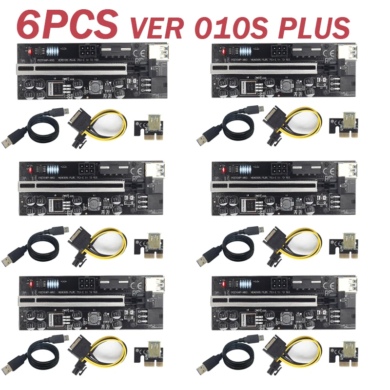 

6 шт., Райзер 010 USB 3,0 PCIE Райзер PCI Express X16, расширитель, адаптер 010S Plus, карта Райзера GPU SATA, 15 контактов на 6 контактов, светодиодный индикатор пита...