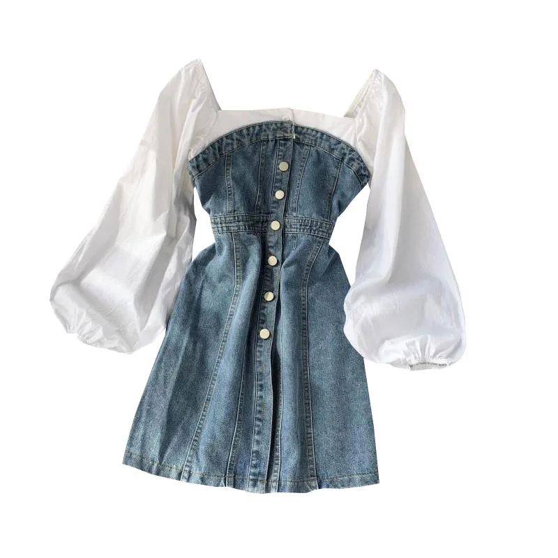 

suqare collar women dresss lantern sleeved lace denim patchwork button mini A-line lady elegant dresses top quality