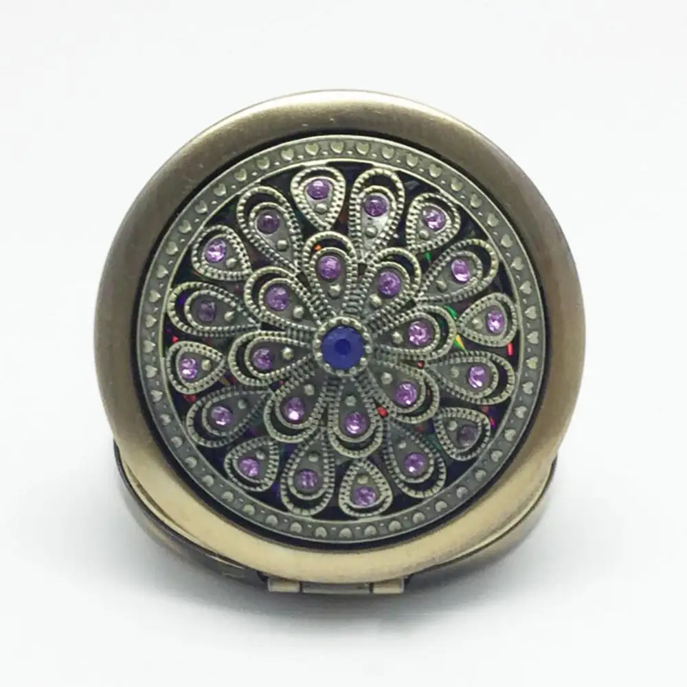 Металлическое портативное карманное мини-зеркало бронзового цвета с цветами и
