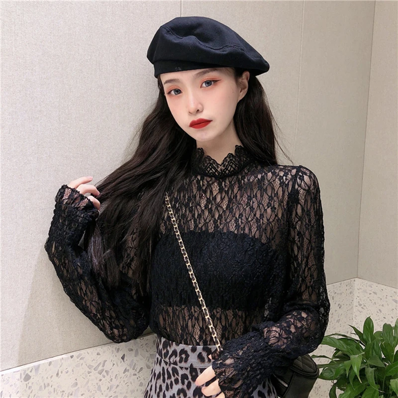 Милая Кружевная женская шифоновая блузка с расклешенными рукавами однотонные