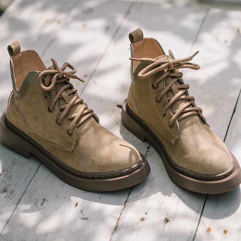 

2022 Autumn Winter New High Quality Nubuck Leather Women Martin Boots Fashion Comfortable Khaki Platform Round Toe Booties