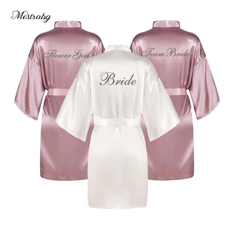 Сиреневый атласный шелковый халат для невесты женское серебристое свадебное